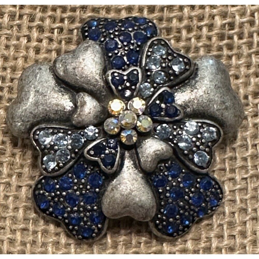 Vtg Silver Pewter Tone Rhinestone Pin Brooch Blue Flower Puffy Hearts